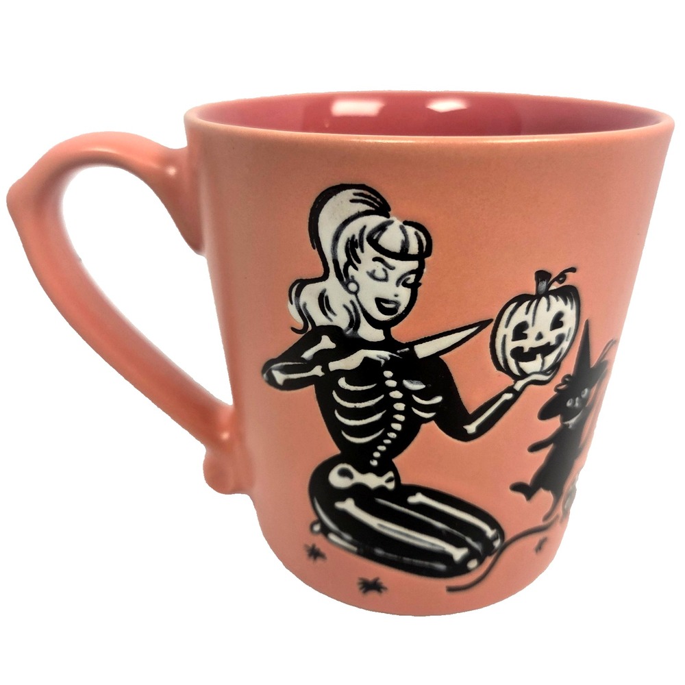 Spectrum Designz Skeleton Witch Mug Pink Ceramic Coffee Cup 15oz Black Cat Retro